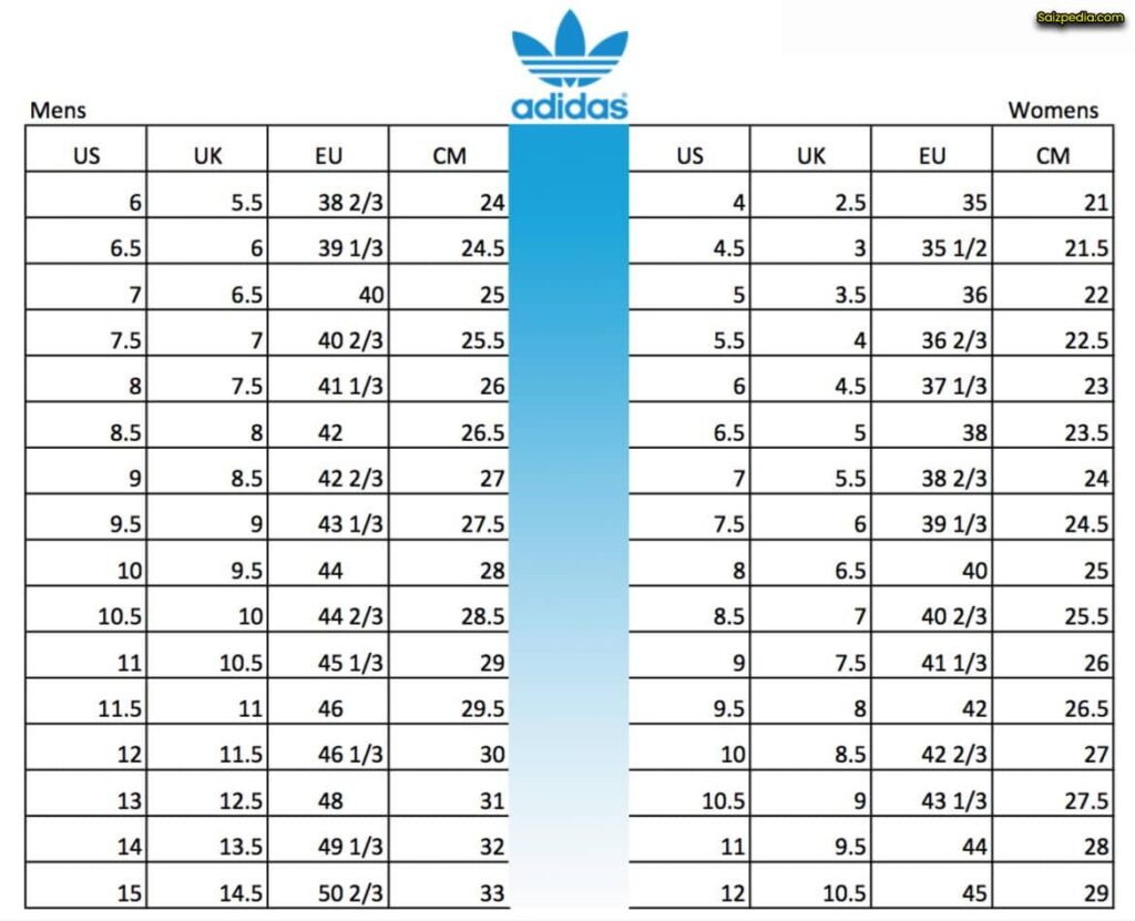 carta saiz kasut adidas